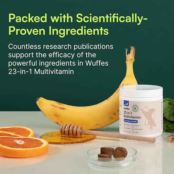 Wuffes 23-in-1 Dog Multivitamin Supplement for Hip &amp Joint Skin &amp Coat and Immune System Support with Omega 3 Iron Zinc Vitamin C - Minerals &amp Vitamins for Senior Dogs and Puppies - 30
