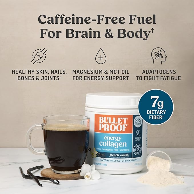 Bulletproof Energy Collagen Protein Powder Vanilla Bean 20g Grass-Fed Collagen Peptides 7g Fiber with MCT Oil &amp Adaptogens Caffeine-Free 18.3 Ounces