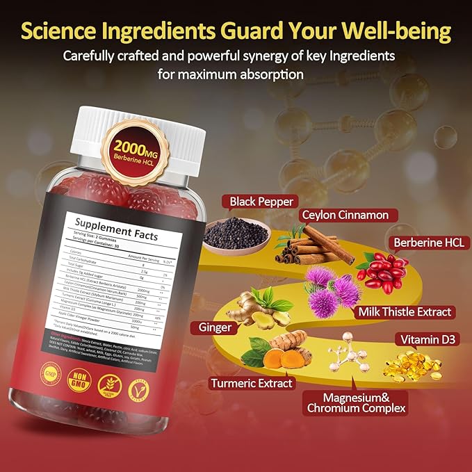 Berberine Gummies 2000 mg Berberine Supplement with Ceylon Cinnamon Turmeric Milk Thistle Magnesium Chromium for Immune Support Sugar Free Vegan Raspberry Flavor 120 Count-2 Pack