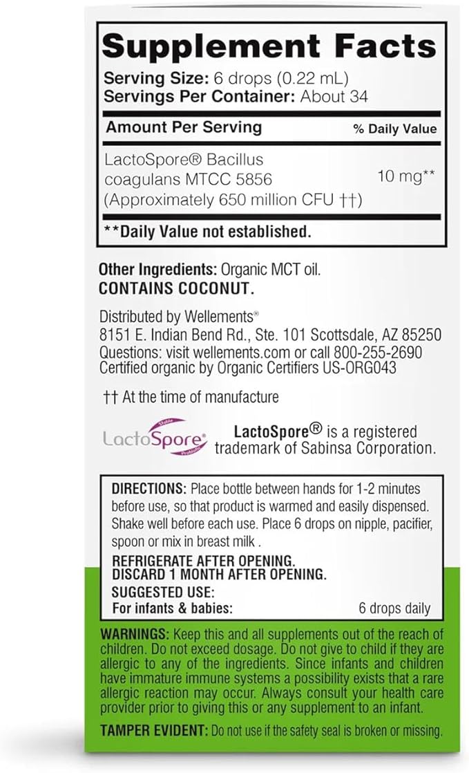 Wellements Organic Baby Probiotic Drops (0.25 Fl Oz) - Digestive &amp Immune Support for Infants - Toddler Probiotic Helps with Newborn+ Gut Health Gas Constipation &amp Colic Support - Preservati