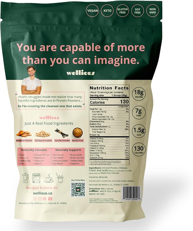 wellious Almond Protein Powder 3-pk (Vanilla Chocolate Unflavored) - 18 Grams of Pure Healthiest Vegan Protein Powder - Gluten-Free Soy-Free Gut Friendly Protein for Sports Nutrition