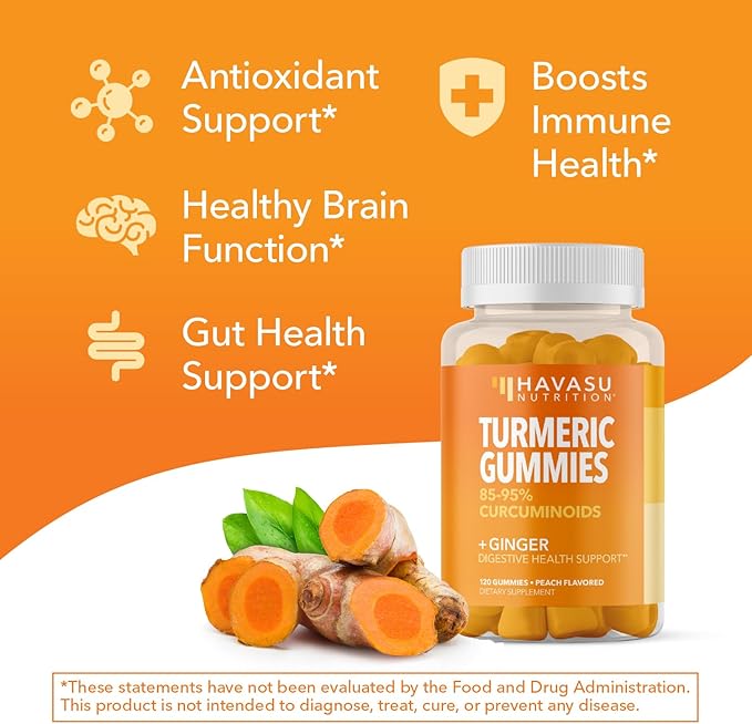 Turmeric Gummies with Ginger Root Extract - Digestive Health and Immune Support Supplement for Overall Wellness - 120 Count - Vegan Non-GMO Curcumin Vitamin - Peach Flavor 2 Month Supply