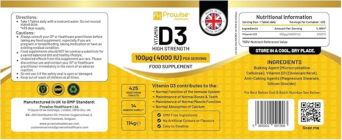 Vitamin D3 4000IU High Strength I 425 Vegetarian Tablets (14 Months Supply) I Easy Swallow Vitamin D3 Supplement for Immune Support Calcium Boost Bone &amp Muscle I Made in the UK by Prowise Health