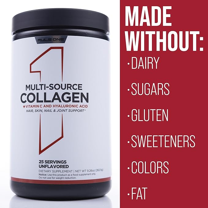 Rule 1 Proteins Multi-Source Collagen Powder - Bovine Chicken Fish &amp Eggshell Collagen Sources + Hyaluronic Acid &amp Vitamin C for Hair Skin &amp Nail Support (25 Servings Unflavored)