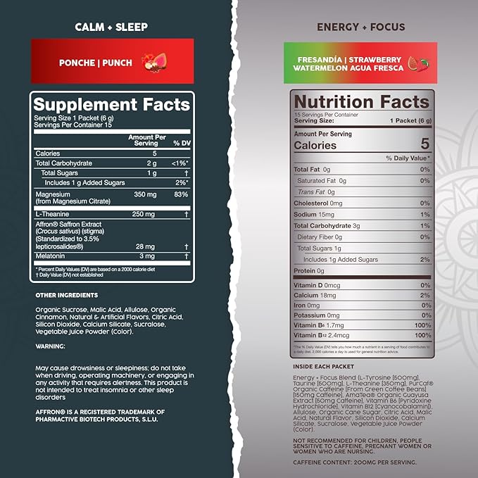Salud 2-Pack | 2-in-1 Calm + Sleep (Punch) &amp Energy + Focus (Strawberry Watermelon) – 15 Servings Each Drink Mix Dairy &amp Soy Free Non-GMO Gluten Free Vegan Low Calorie 1g of Sugar