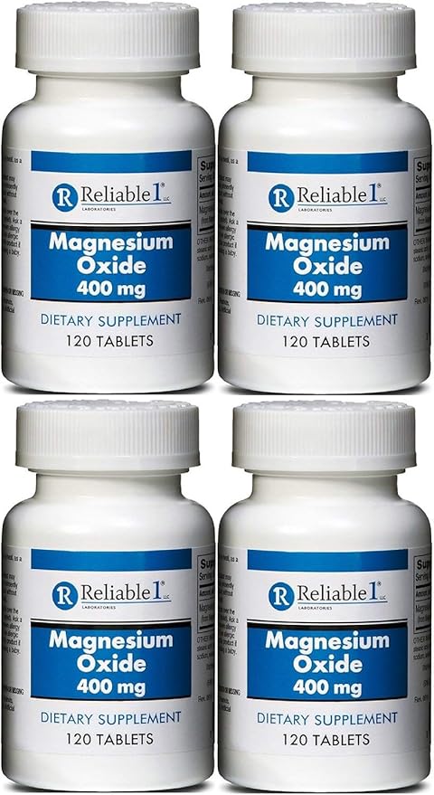 Magnesium Oxide 400 mg Dietary Supplement Tablets Generic MegOx 120 Tablets per Bottle Pack of 4