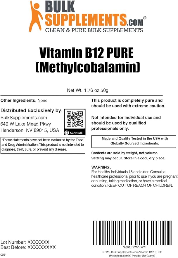 BulkSupplements.com Pure Vitamin B12 Methylcobalamin Powder - Vitamin B12 Supplements - Pure Product Multiple Servings 50g (1.8 oz) (Pack of 1)