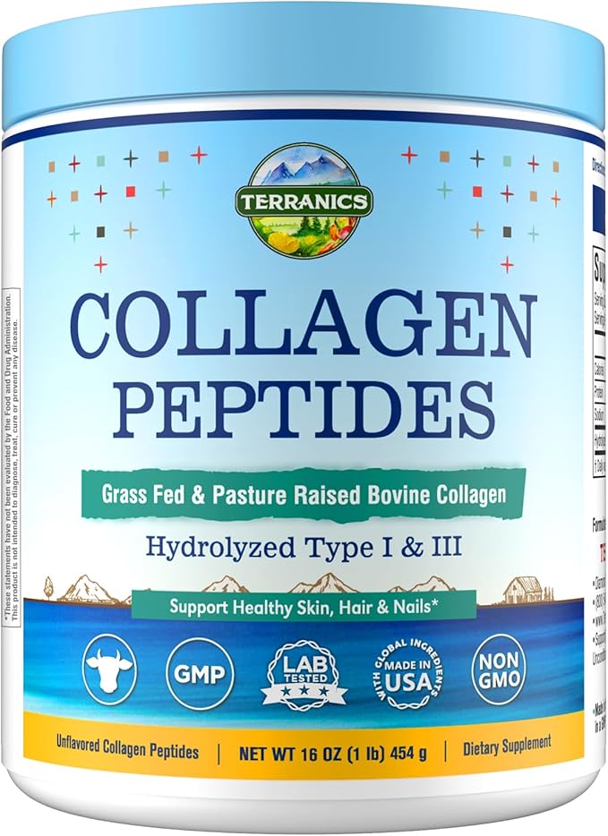 Terranics Hydrolyzed Collagen Peptides Powder Grass Fed &amp Pasture Raised Bovine Type I &amp III Collagen for Women No Sugar No Hormones Keto Beauty Support Easy Mixing Unflavored 16oz