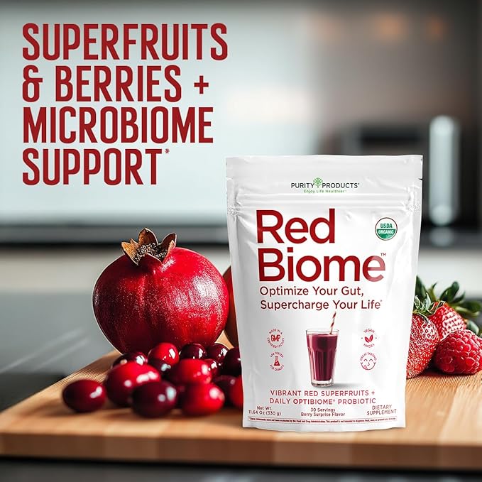 Red Biome – Gut Biome &amp Digestive Health Support with OPTIBIOME® Probiotic – Reduces Minor Bloating Burping &amp Gas – With 4g Organic Fiber Super Berries Superfoods &amp Antioxidants – 30 Se