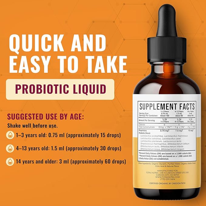 USDA Organic Liquid Probiotic for Kids Women &amp Men Toddler Probiotic Drops with Alfalfa Prebiotic Blend + Acidophilus for Gut Health Vegan Non-GMO Dairy Gluten &amp Sugar Free