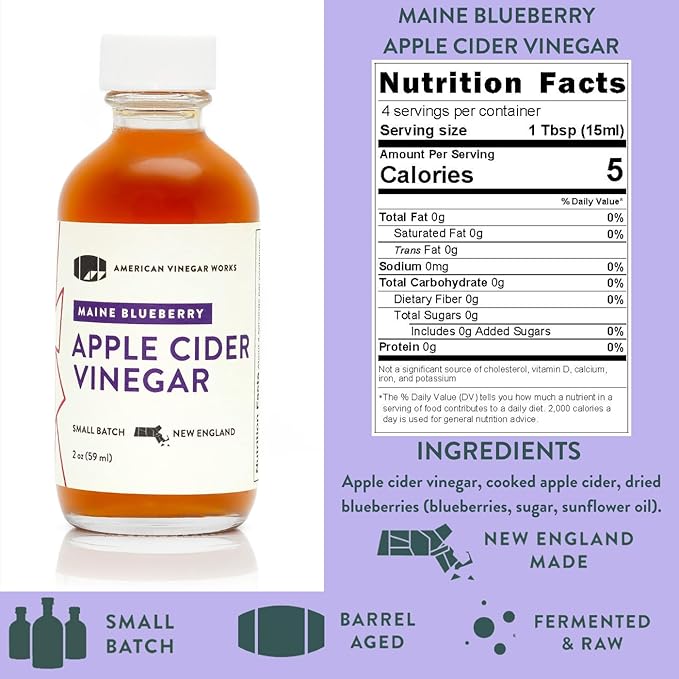 American Vinegar Works - Apple Cider Vinegar Sampler Pack - Includes Apple Cranberry Hot Wild Blueberry and Maple Cider Vinegars - Great for Gifts - 2oz Bottles - 5 Pack