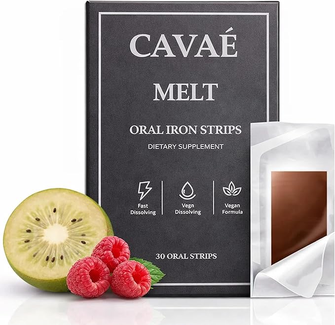 Cavae Iron Melts with 19mg Ferric Saccharate Folate Citric Acid Monk Fruit Naturally Enhances Iron Absorption Gut Health Boost EnergyZero Sugar Raspberry Flavor 30 Oral Strips (1)
