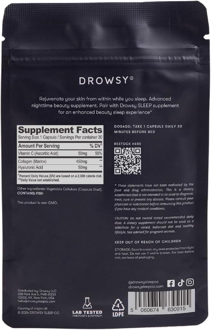 Drowsy Beauty – Nighttime Skin Hydration &amp Wellness Supplement with Marine Collagen Hyaluronic Acid &amp Vitamin C – Supports Skin Vitality &amp Relaxation