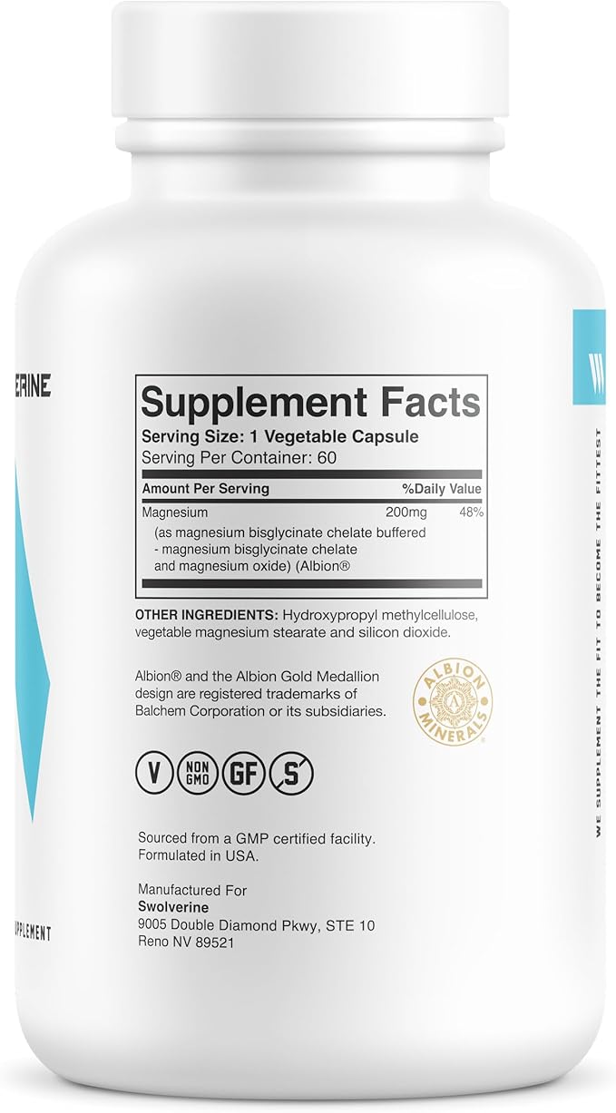 Swolverine® Magnesium Bisglycinate 200mg – TRAACS® Chelated Magnesium from Albion® | Highly Absorbable Gentle on Stomach (60 Servings (Pack of 1))