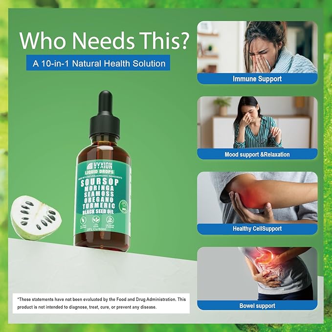 Vyxion Soursop Bitters Liquid Drops 10 in 1 with Sea Moss Moringa Turmeric Black Seed Oil Oregano Ashwagandha | Herbal Extracts for Overall Health-Enhancing | Vegan Non-GMO | 2 Fl Oz