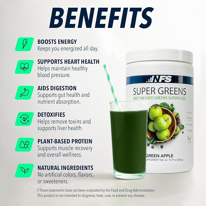 Super Greens Beet Infused Superfood Powder – Organic Green Superfoods Protein Antioxidants &amp Probiotics Supports Healthy Blood Pressure Digestion &amp Energy Boost (Green Apple 30 Servings)