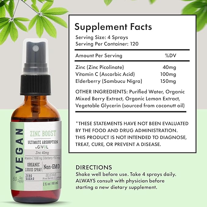 Iron Supplement - 18mg Bisglycinate Complex with Vitamin C &amp B12 for Energy &amp Immunity Boost and Organic ZINC Boost Mist 40mg (Extra Strength) - Sugar Free with VIT C and Elderberry Extract