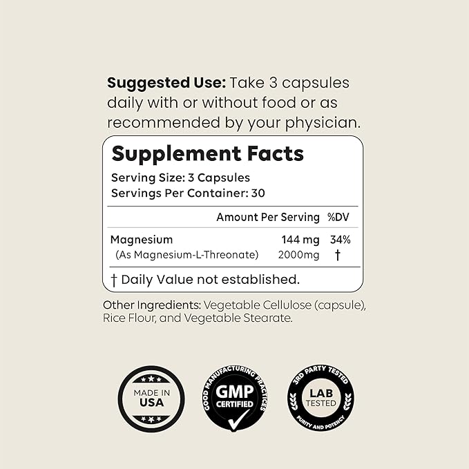 Mag3 – Magnesium L Threonate 2000mg Per Serving 30 Servings of Pharmaceutical Grade Non-GMO Soy Free Gluten Free Vegetarian Capsules - Supplement for Brain &amp Joint