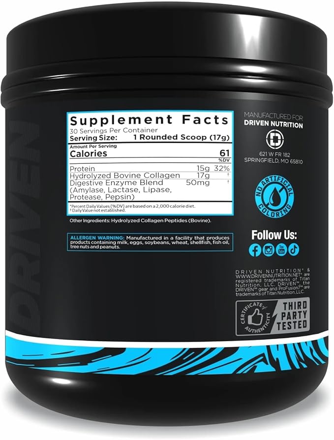 Driven Nutrition Collagen Peptides Powder Hydrolyzed Type I &amp III Grass-Fed Pasture-Raised Bovine Unflavored 510g (30 Servings) Hair Skin Nails Joint &amp Recovery Support for Women &amp Me