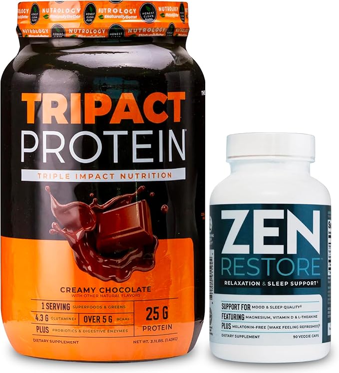Nutrology TRIPACT Protein Powder 7-in-1 Meal Replacement Shake Creamy Chocolate (40 Servings) Zen Natural Magnesium Supplement (30 Servings)
