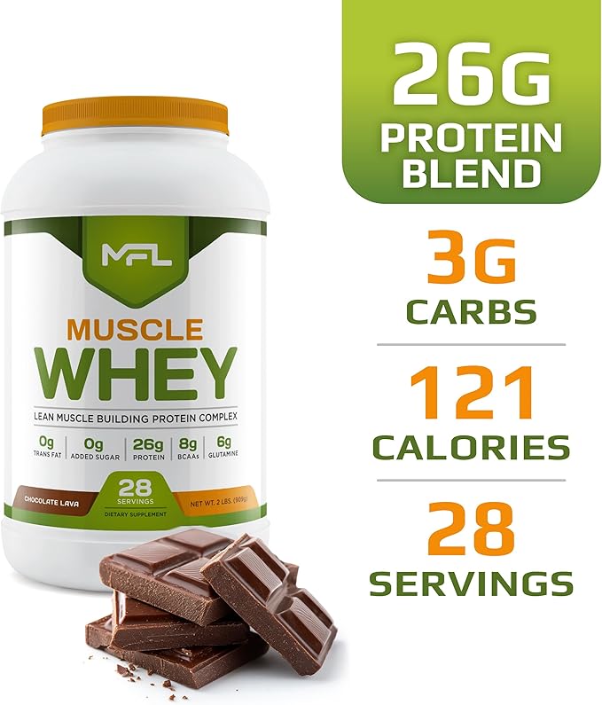 MFL Muscle Whey Protein 2 lbs l 26g of Protein l 8g BCAAs l 6g Glutamine l Low Carbs l 28 Servings (Chocolate Lava)