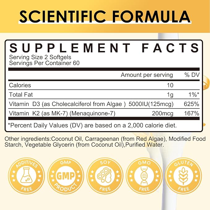 Vitamin D3 K2 Supplement with Vitamin D3 5000 IU 200 mcg Vitamin K2 MK-7 &amp Natural Coconut Oil Plant Based 2-1 Formula for Bone Teeth Muscle and Immune Health Support (120 Count (Pack of 2))