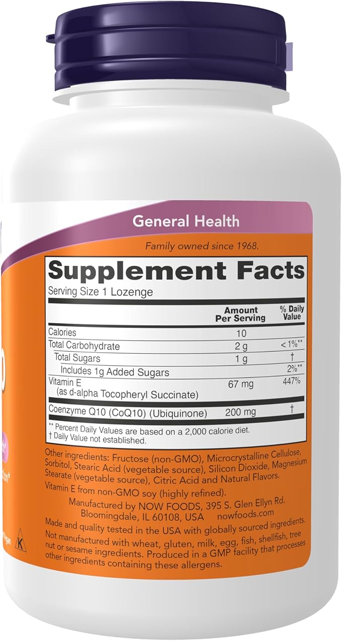 NOW Foods Supplements CoQ10 200 mg Pharmaceutical Grade All-Trans Form produced by Fermentation 90 Lozenges