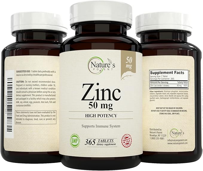 Nature's Potent Zinc 50 mg Immune Support Supplement - High Potency for Maximum Immune &amp Antioxidant Health - Made in USA from Natural Zinc Oxide - 365 Tablets (1 Year Supply)