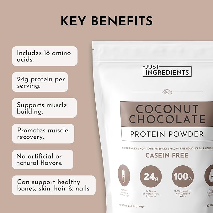 JUST INGREDIENTS Coconut Chocolate Protein Powder – 30-Serving Blend with 100% Grass-Fed Whey &amp Organic Plant Proteins – Creamy Coconut Cocoa Flavor – Supports Muscle Recovery Energy*