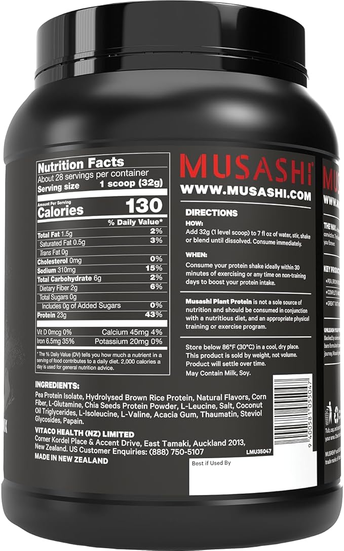 MUSASHI Plant Protein Vanilla Powder 900g Tub 1.98 Pounds