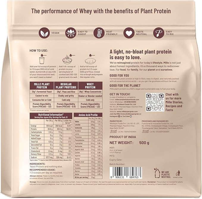 Mille Plant Protein Powder Unflavored | 31g Protein per Scoop | Vegan Yeast Protein | Non-Bloating | Mixes Easily into Any Dish | Clean Plant-Based Blend | 17.64 Oz (500g)