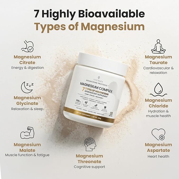 VITASEI Magnesium Total Care – 7 Types Magnesium Powder with Aspartate Chloride Citrate Bisglycinate Malate Threonate Taurate for Calm Focus &amp Recovery – 10.58 oz (30 Servings)