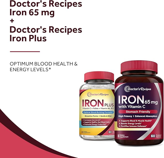 Doctor's Recipes Iron 65 mg &amp Iron Plus Bundle Healthy Iron Levels &amp Blood Support Iron Tablets 60 ct &amp Iron Capsules 60 ct