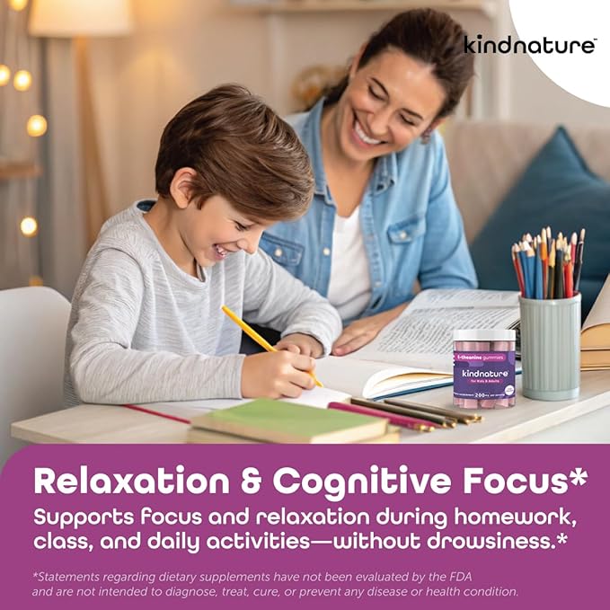 kindnature L-Theanine Gummies 200mg – Calm &amp Focus Supplement for Adults &amp Kids Ages 4+ – Stress Support Mental Clarity &amp Non-Drowsy Relaxation – Vegan Mixed Berry Non-GMO
