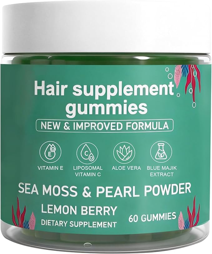 Hair Loss GummiesSea Moss Gummies with Vitamin C Vitamin E Aloe Vera Pearl Powder Support Faster Hair GrowthEnhance Nail ElasticityPromot Radiant SkinGluten-Free - 60 Count