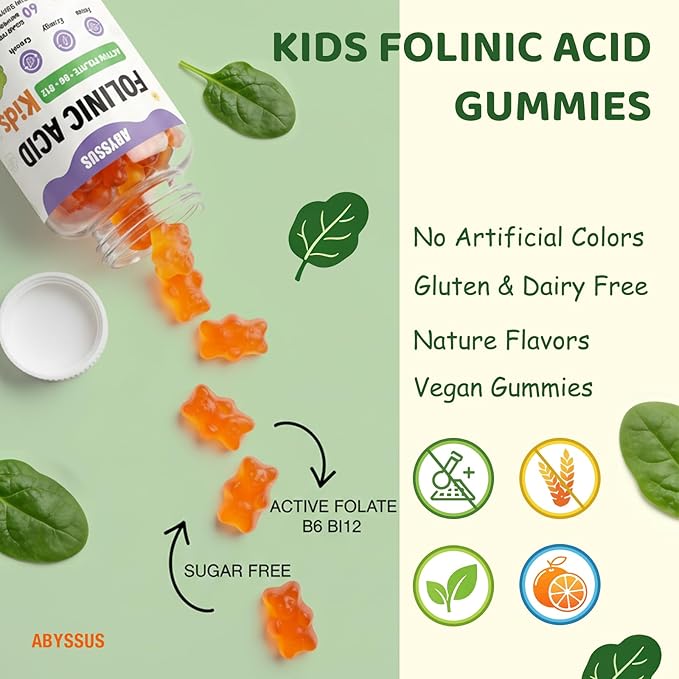 ABYSSUS Folinic Acid for Kids Gummies Methylated B-Complex for Children Maximum Absorption for Brain Focus &amp Healthy Growth Non-GMO 60 Gummies