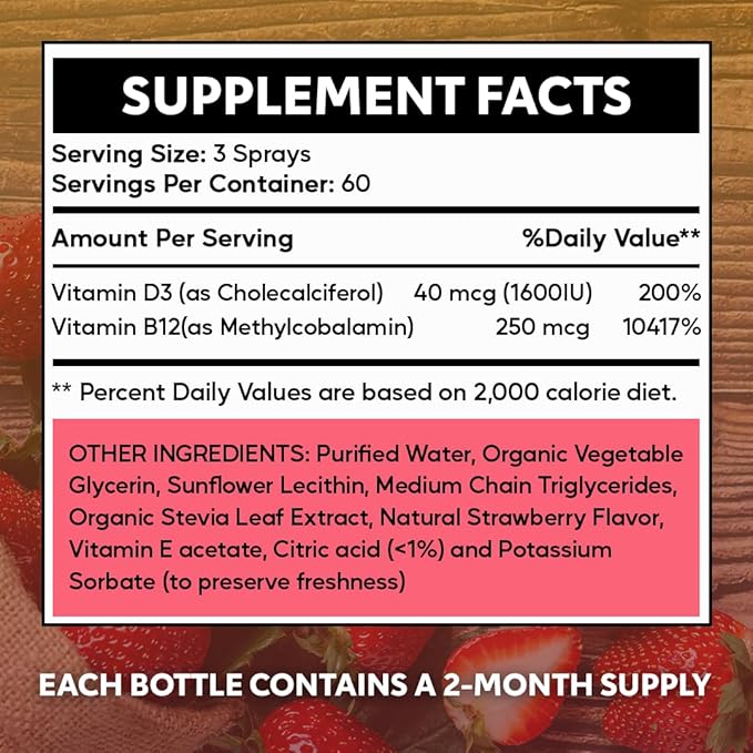 Liposomal Liquid Vitamin D3 + Vitamin B12 Spray |2 Month Supply|1 fl oz|Non-GMO |Sugar Free|Travel Friendly|Immune Support Bone Health Supports Energy Brain Function