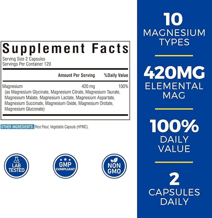 10 in 1 Magnesium Complex 420mg 240 Vegan Capsules and Maca Root Capsules 1500mg 120 Capsules Bundle Non-GMO