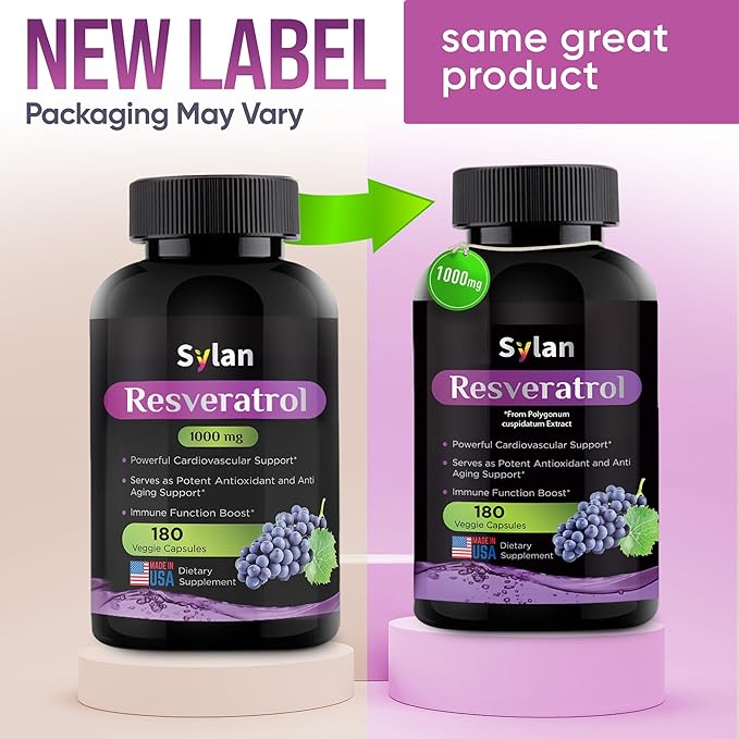 SYLAN Resveratrol Supplement 1000mg 180 Veggie Capsules Antioxidant Supports Heart Joint Brain Immune Health &amp Anti-Aging Non-GMO Made in USA Resveratrol 500mg Powder per Capsul