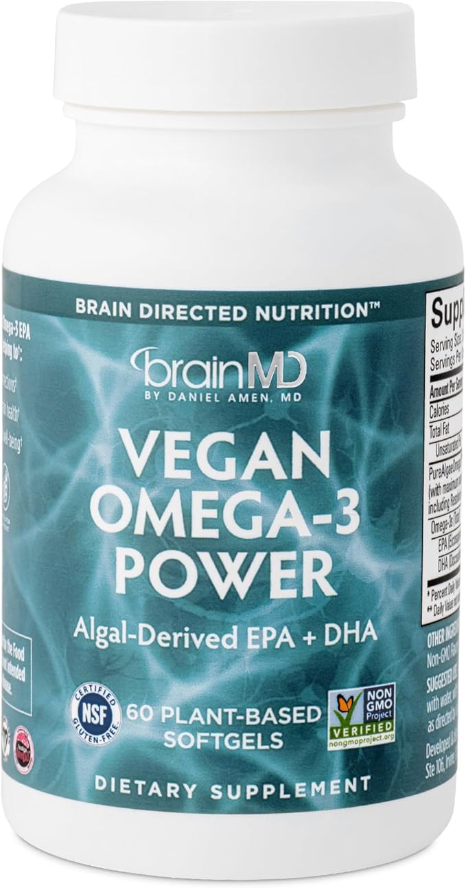 BRAINMD Dr Amen Vegan Omega-3 Power - 60 Plant-Based Softgels - 1100 mg of EPA &amp DHA - Supports Focus Memory &amp Heart Health - Vegan Gluten Free &amp Non-GMO - 30 Servings