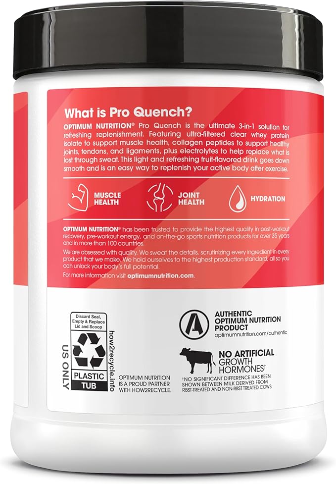 Optimum Nutrition Pro Quench 10g Clear Protein 10g Collagen peptides &amp Electrolyte Powder Drink Mix Strawberry 20 Servings 520 Grams (Packaging May Vary)