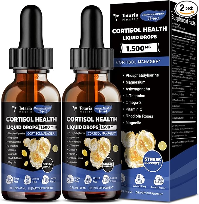 Totaria (Pack of 2 cortisol Supplement Liquid Drops Hormone Balance for Women Men with Magnesium ComplexAshwagandhaRhodiola RoseaL Theanine Supplements Mood Focus Sleep 4 FL.OZ