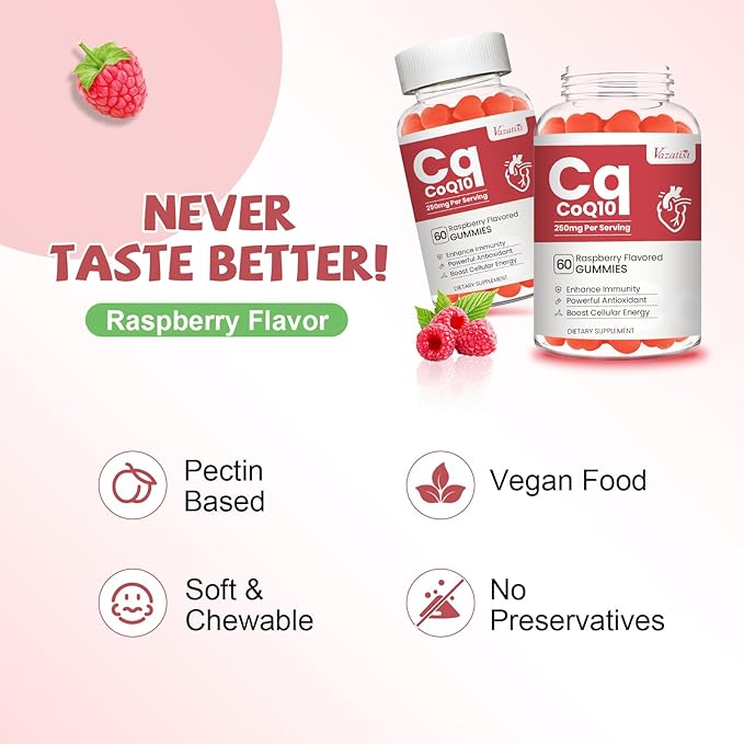 2 Pack CoQ10 Gummies 250 mg Plus Omega-3 Magnesium Vitamin B12 for Cellular Energy Brain &amp Antioxidant 5X Better Absorption Coenzyme Q10 Supplement Raspberry Flavored Gummies - 120 Cts