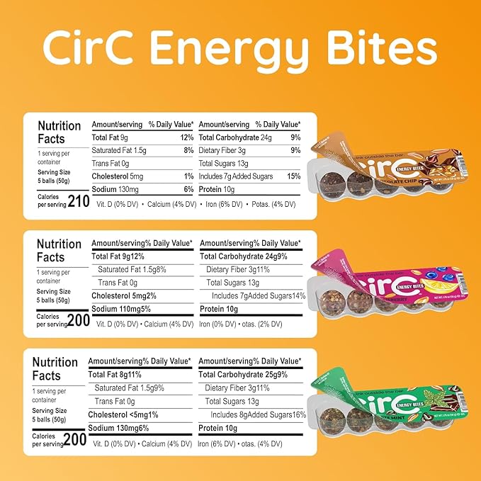 CirC Energy Bites - New Variety 6 Pack Gluten Free Protein Balls - 10g Protein Whole Grains Nuts &amp Fruit - Portable Healthy Snacks for Adults &amp Kids 5 Piece Resealable Packs