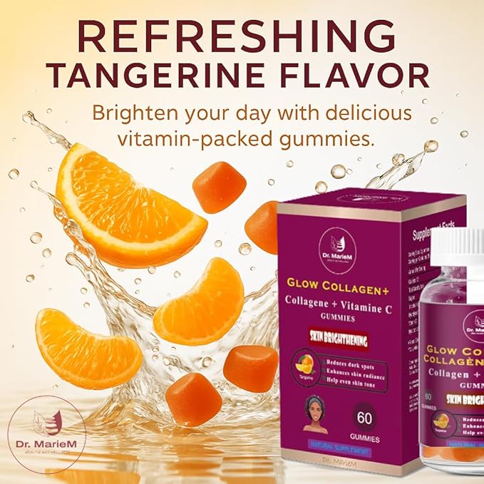 Glow Collagen+ Gummies Supplement – 1000mg Collagen + 500mg Vitamin C for Skin Brightening – Reduces Dark Spots Enhances Radiance and Evens Skin Tone – Tangerine Flavor – 60 Gummies