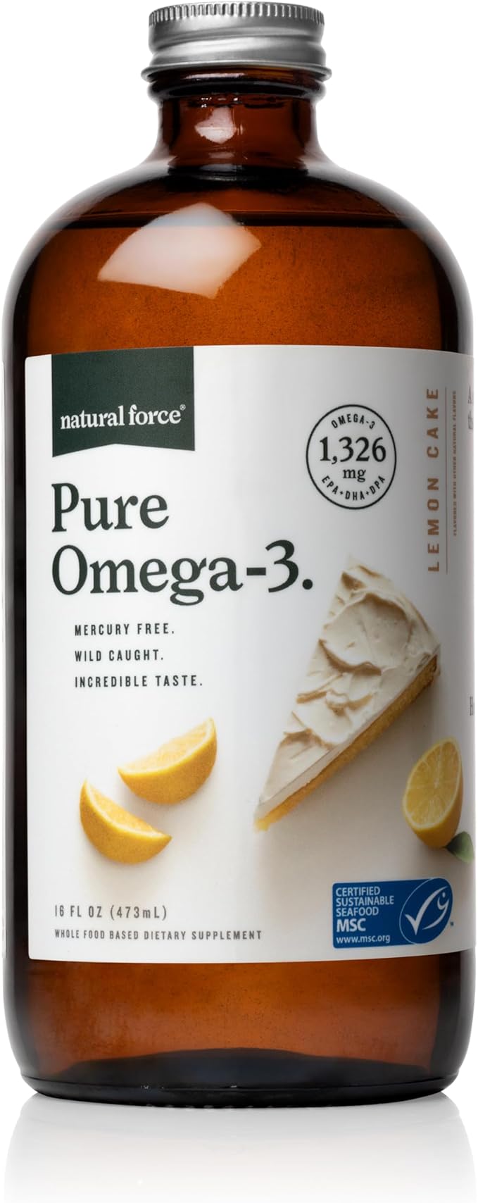 Natural Force Pure Omega 3 - Liquid Fish Oil - Delicious Lemon Cake Flavor - Mercury Free Wild Caught Lab Tested - 1326 mg Triglyceride EPA DHA &amp DPA - 16 Oz Glass Bottle