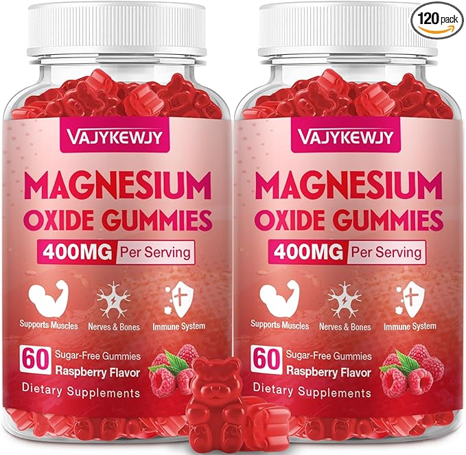 Magnesium Oxide Gummies 400mg for Adults &amp Kids – High Absorption Stress Relief Muscle Relaxation – Vegan Non-GMO Raspberry Flavor – 120 Count