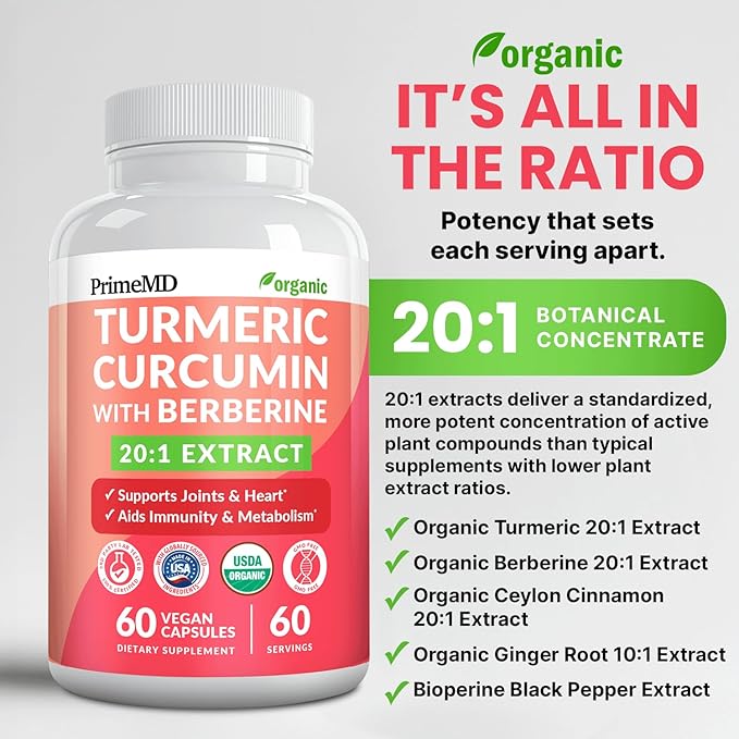 5-in-1 USDA Organic Turmeric Curcumin Supplement - 230mg with Berberine Ceylon Cinnamon Bioperine and Ginger Supplements for Mobility Digestion &amp Wellness Support USDA Organic 60 Servings 1-P