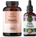 HERBAMAMA Chicory and Milk Thistle Kit - Bundle of 1200 mg Chicory Root Capsules &amp Milk Thistle Tincture 4 fl oz - Vegan Non-GMO Sugar &amp Alcohol-Free - 2 Pack