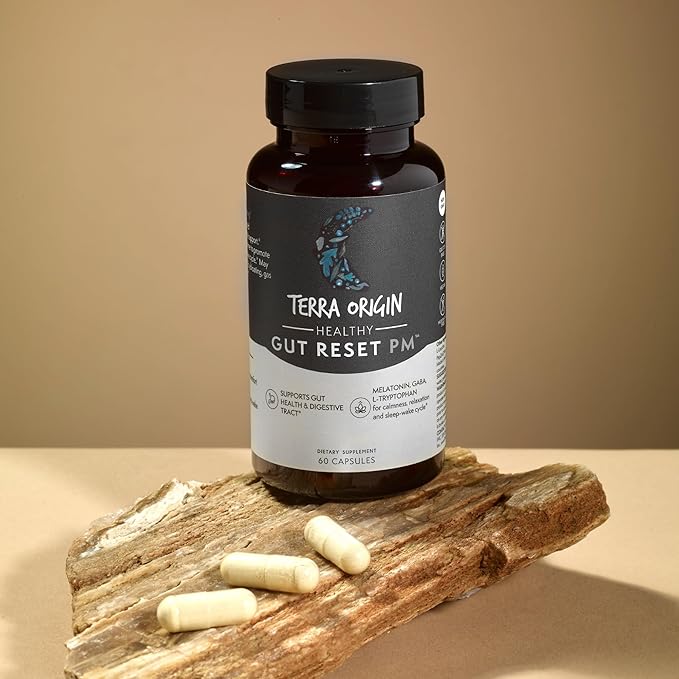 TERRA ORIGIN Healthy Gut Reset PM | 60 Veggie Capsules | Natural Sleep Aid Supplement for Sleep &amp Wake Cycles | GABA L-Theanine Melatonin L-Glutamine Licorice Root Slippery Elm Root
